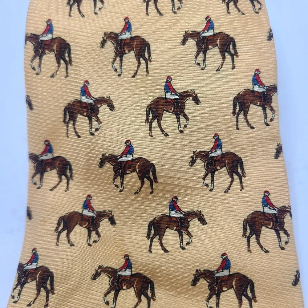 Vintage Lauren Ralph Lauren Silk Tie Yellow Equestrian Horse Jockey Derby USA